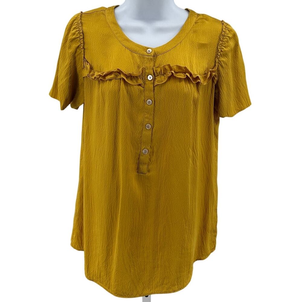 J.Crew Silk Blouse WMNS 4 Golden Yellow Short Sleeve Button Up Round Neck Ruffle